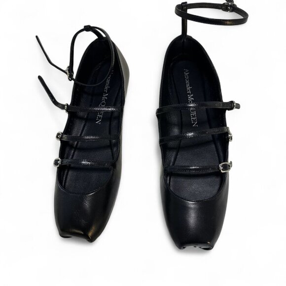 Alexander McQueen Strappy MaryJane Black Leather Caged Ballet Flat sz EU 36.5 - Picture 1 of 15